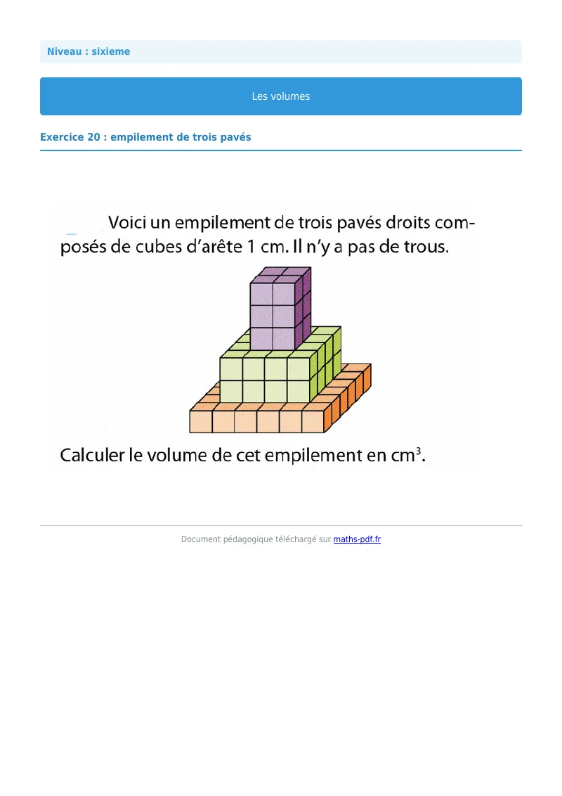 Volumes de solides : exercice n°20 de maths en 6ème corrigé en PDF