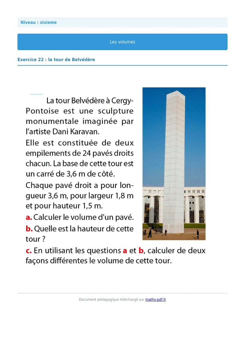 Volumes de solides : exercice n°22 de maths en 6ème corrigé en PDF