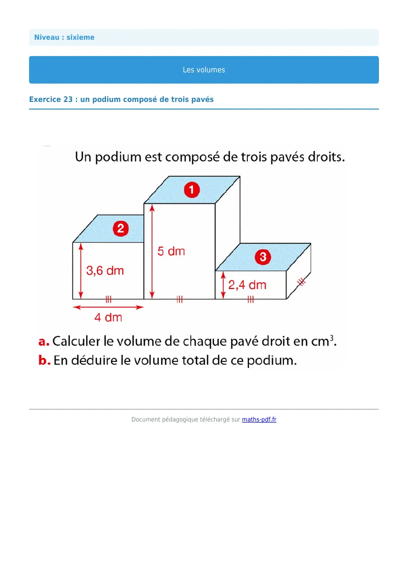 Volumes de solides : exercice n°23 de maths en 6ème corrigé en PDF