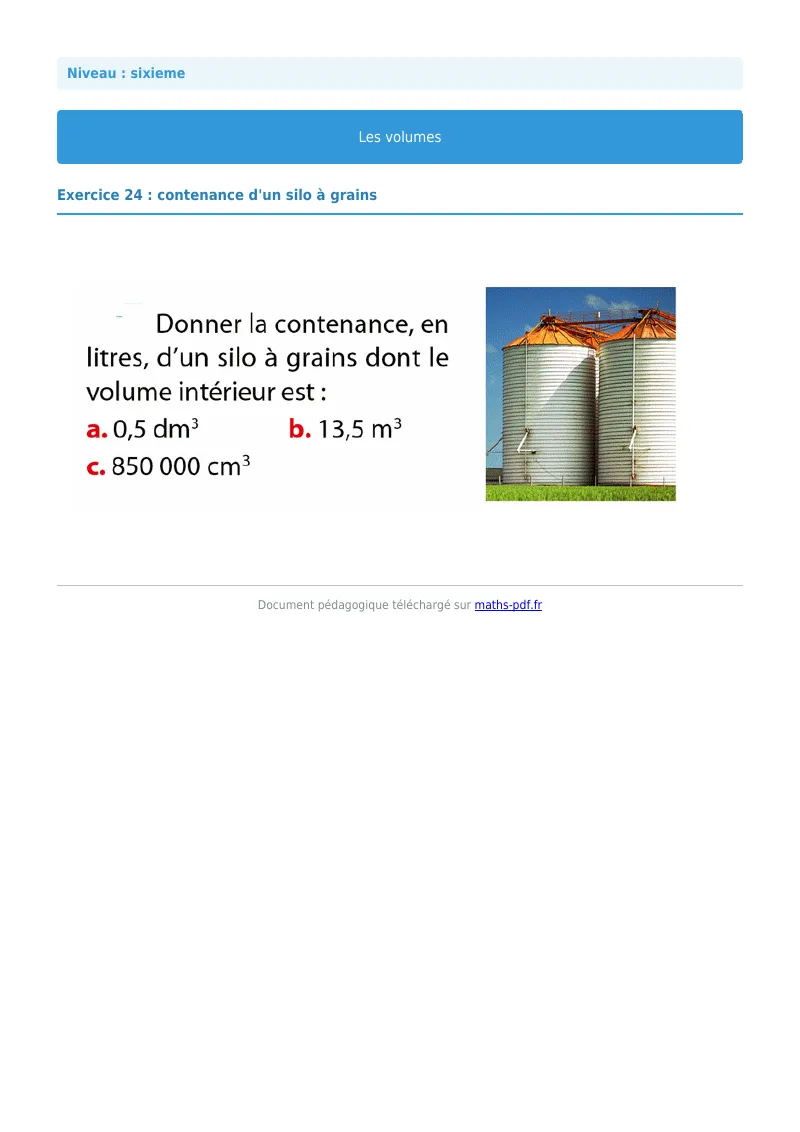 Volumes de solides : exercice n°24 de maths en 6ème corrigé en PDF