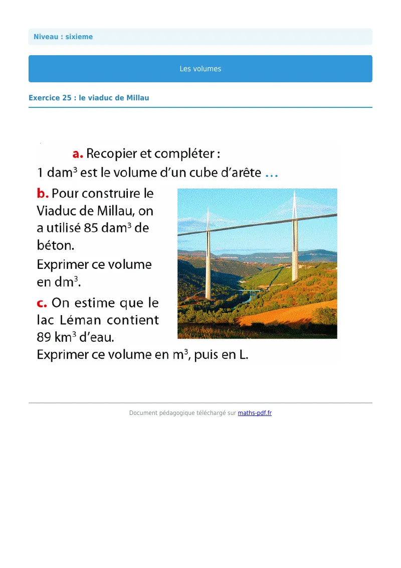Volumes de solides : exercice n°25 de maths en 6ème corrigé en PDF