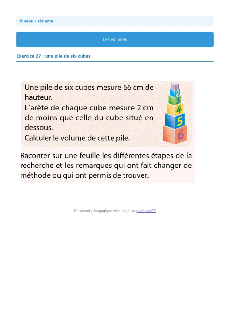Volumes de solides : exercice n°27 de maths en 6ème corrigé en PDF