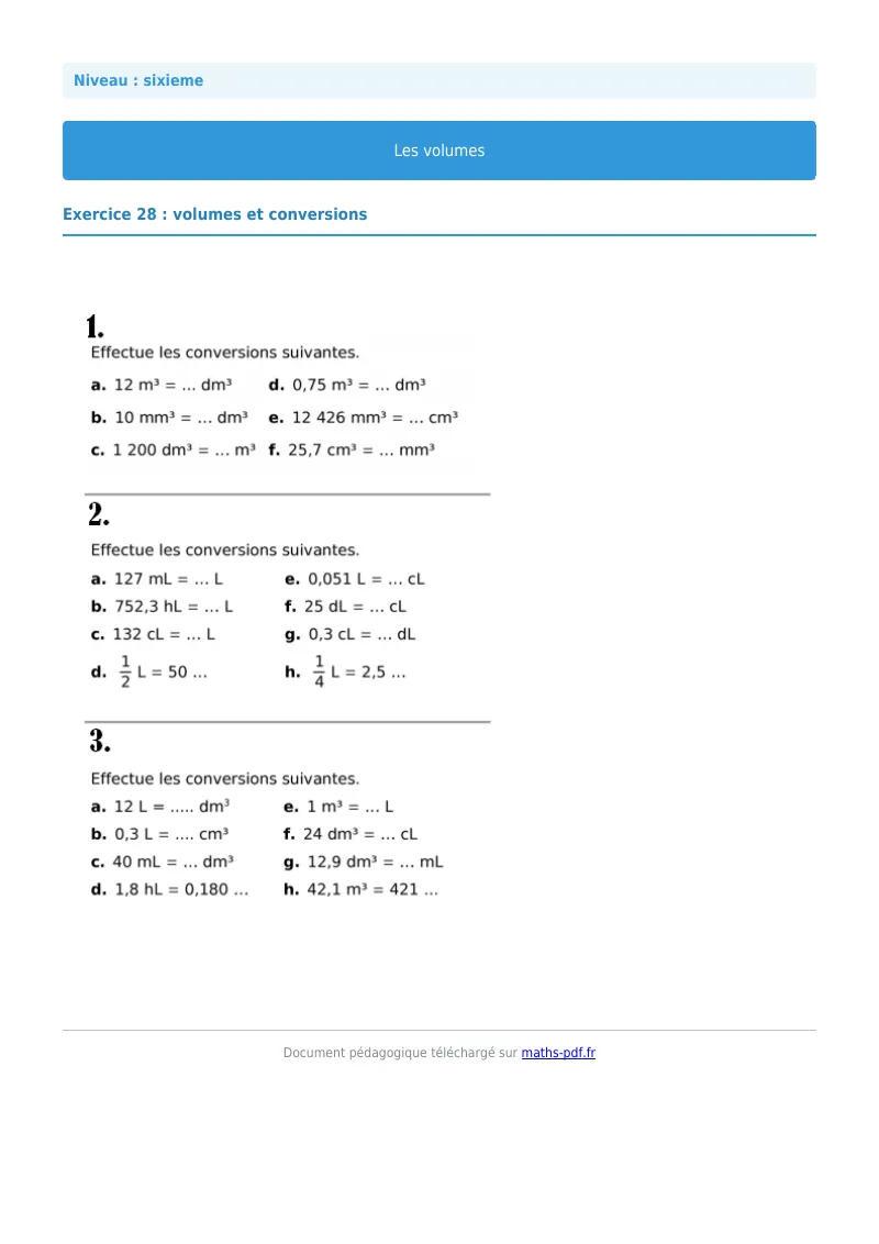 Volumes de solides : exercice n°28 de maths en 6ème corrigé en PDF