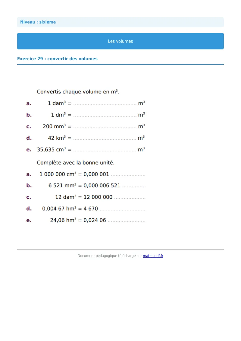 Volumes de solides : exercice n°29 de maths en 6ème corrigé en PDF