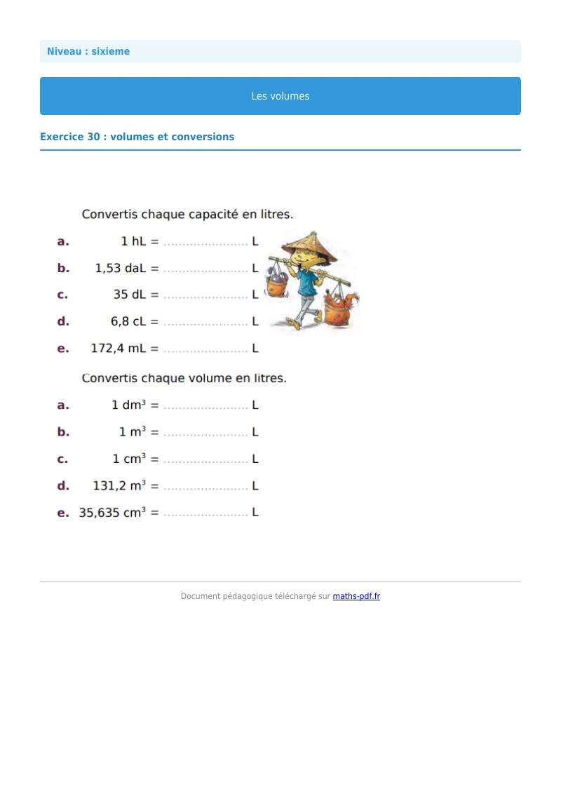 Volumes de solides : exercice n°30 de maths en 6ème corrigé en PDF