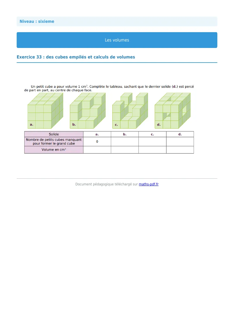 Volumes de solides : exercice n°33 de maths en 6ème corrigé en PDF