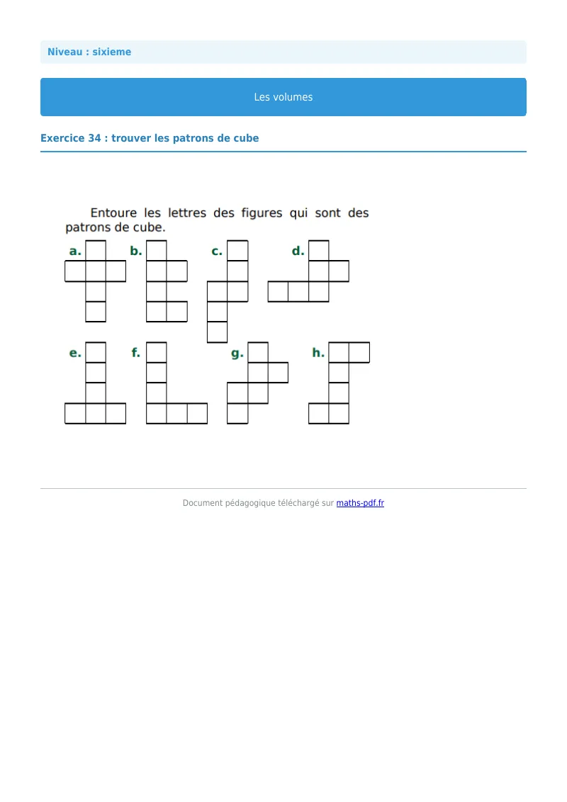 Volumes de solides : exercice n°34 de maths en 6ème corrigé en PDF