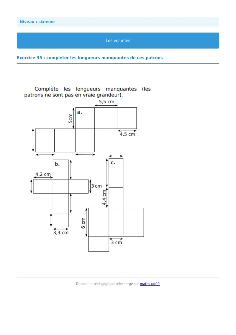 Volumes de solides : exercice n°35 de maths en 6ème corrigé en PDF