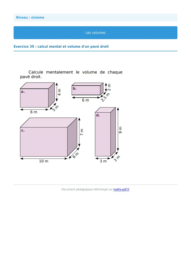 Volumes de solides : exercice n°39 de maths en 6ème corrigé en PDF