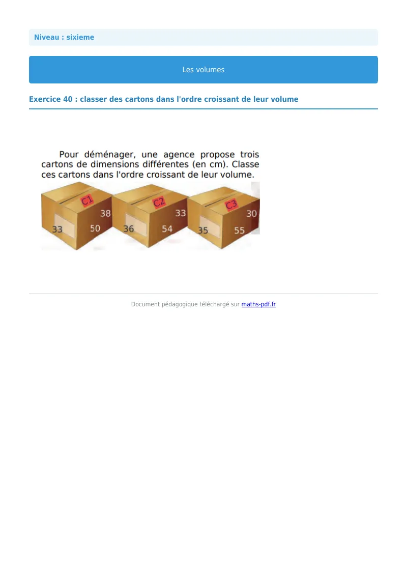 Volumes de solides : exercice n°40 de maths en 6ème corrigé en PDF