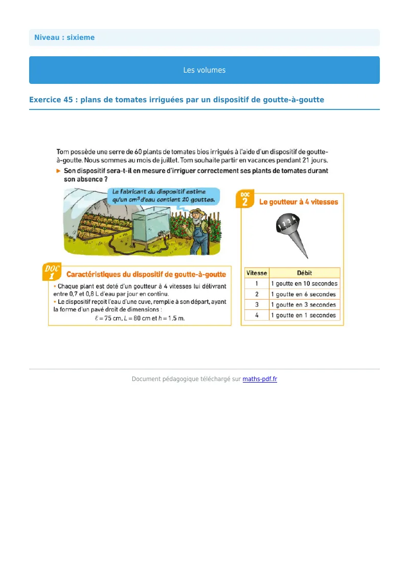Volumes de solides : exercice n°45 de maths en 6ème corrigé en PDF