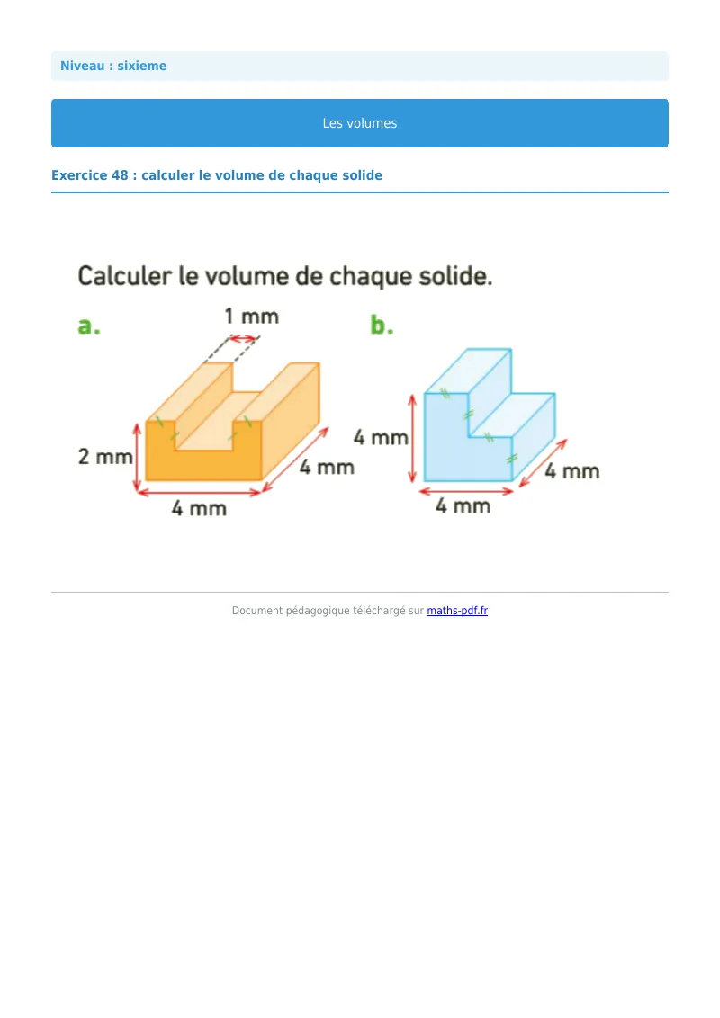 Volumes de solides : exercice n°48 de maths en 6ème corrigé en PDF