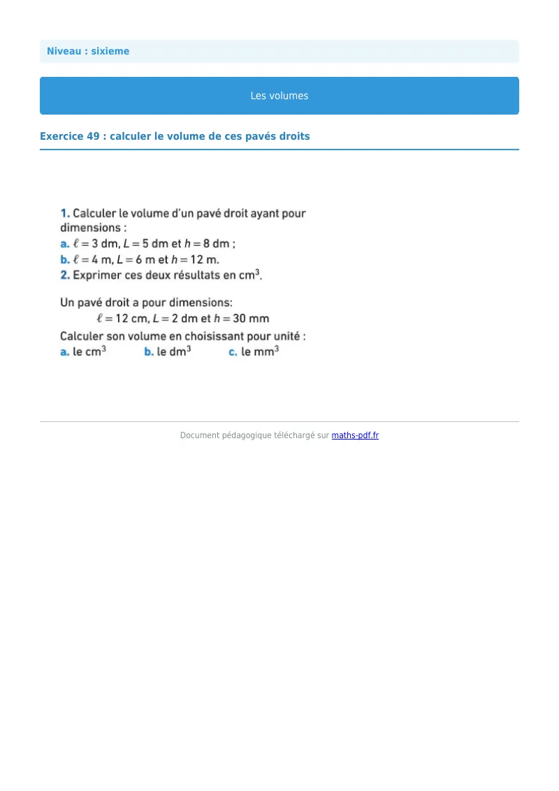 Volumes de solides : exercice n°49 de maths en 6ème corrigé en PDF