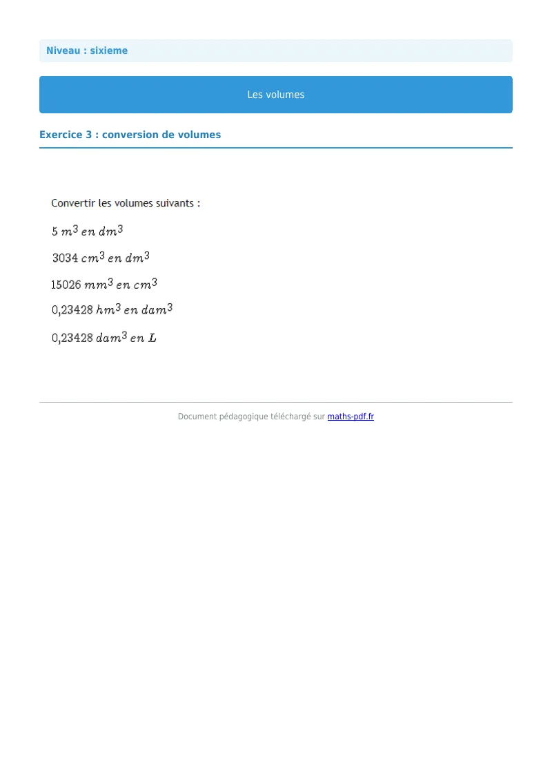 Volumes de solides : exercice n°3 de maths en 6ème corrigé en PDF