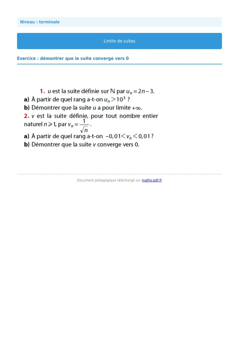 Limites de suites : exercice n°20 de maths en terminale corrigé en PDF