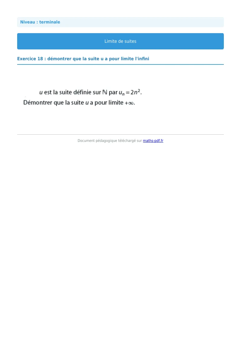 Limites de suites : exercice n°18 de maths en terminale corrigé en PDF