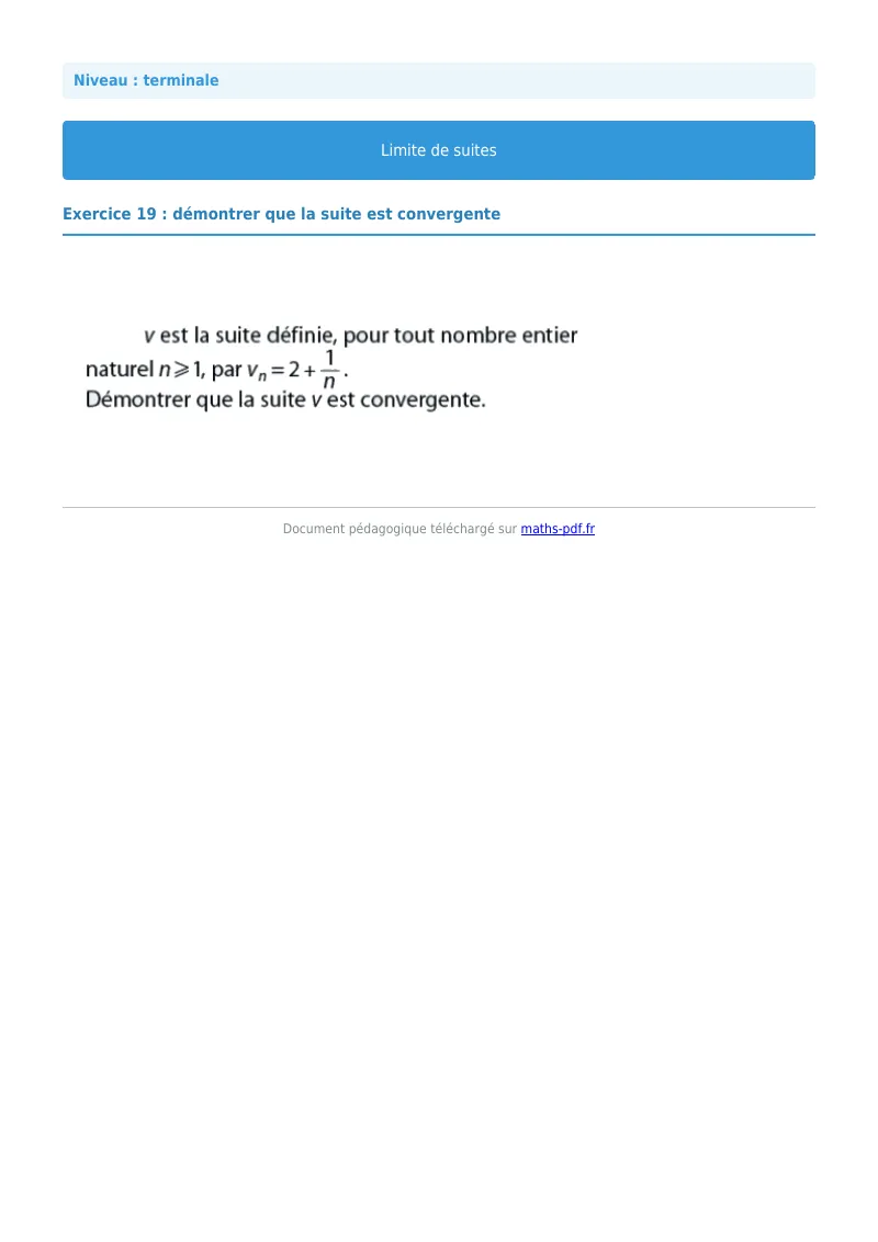 Limites de suites : exercice n°19 de maths en terminale corrigé en PDF