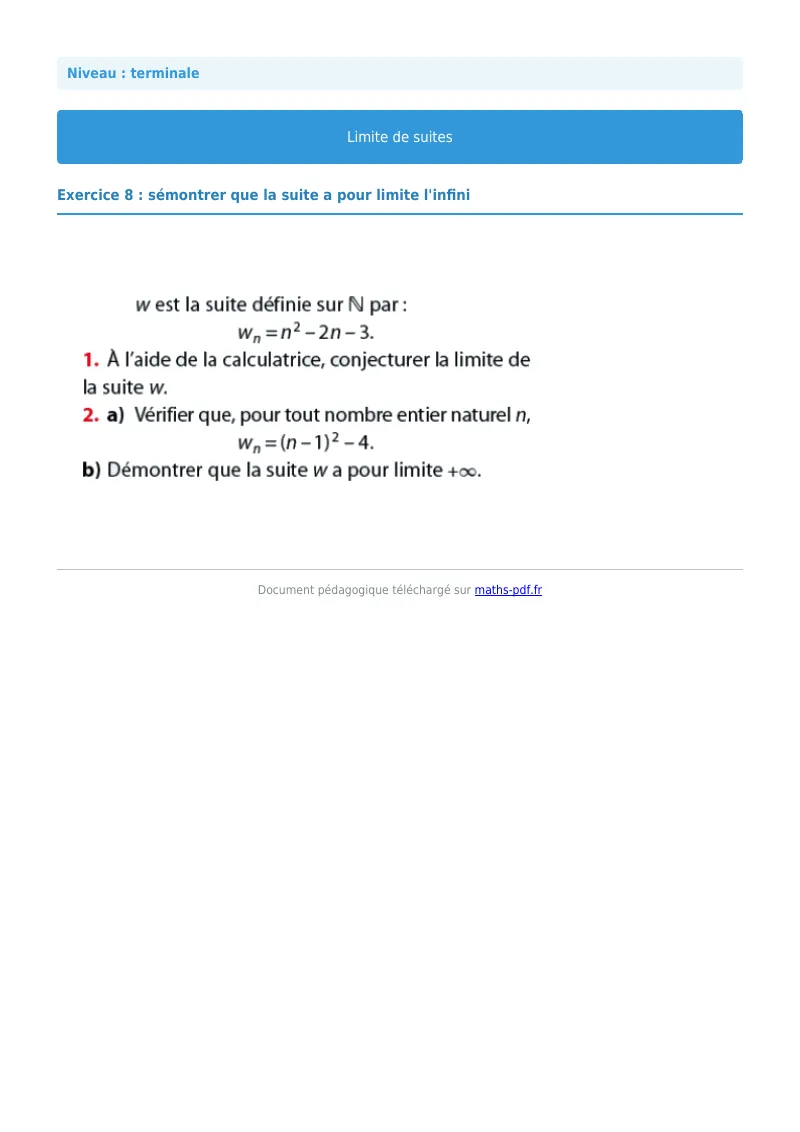 Limites de suites : exercice n°8 de maths en terminale corrigé en PDF