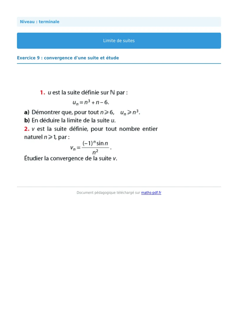 Limites de suites : exercice n°9 de maths en terminale corrigé en PDF