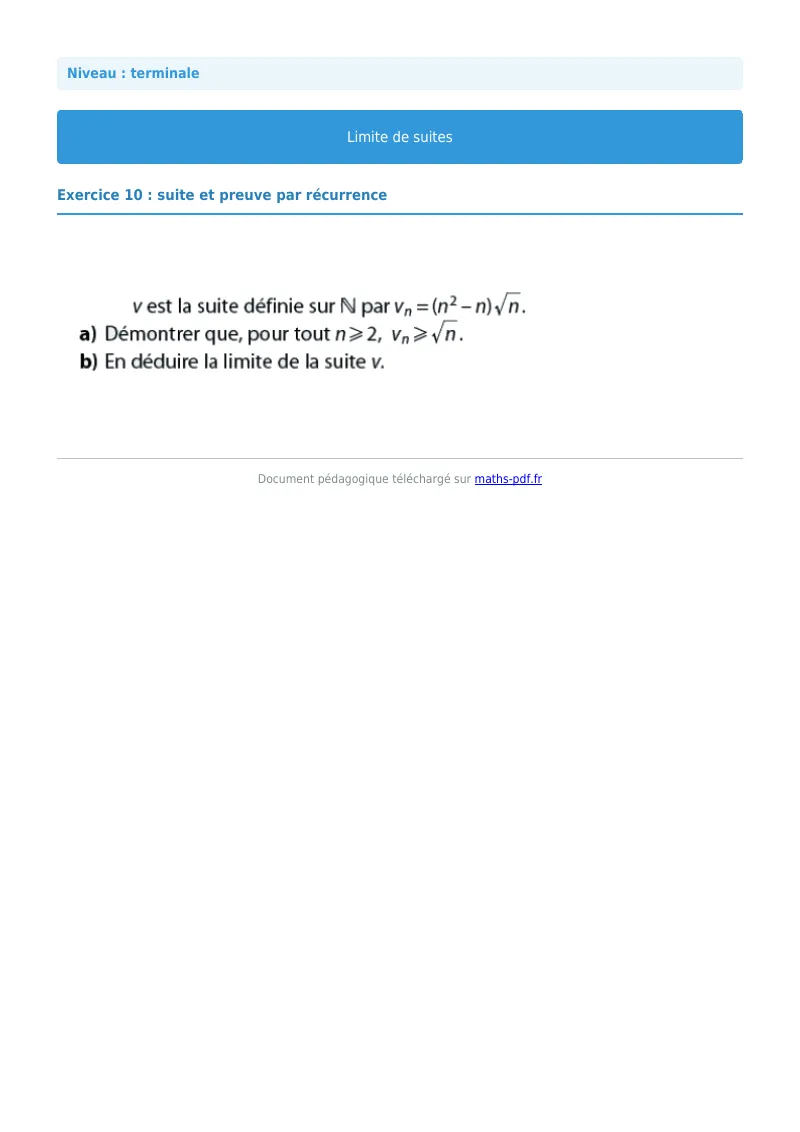 Limites de suites : exercice n°10 de maths en terminale corrigé en PDF