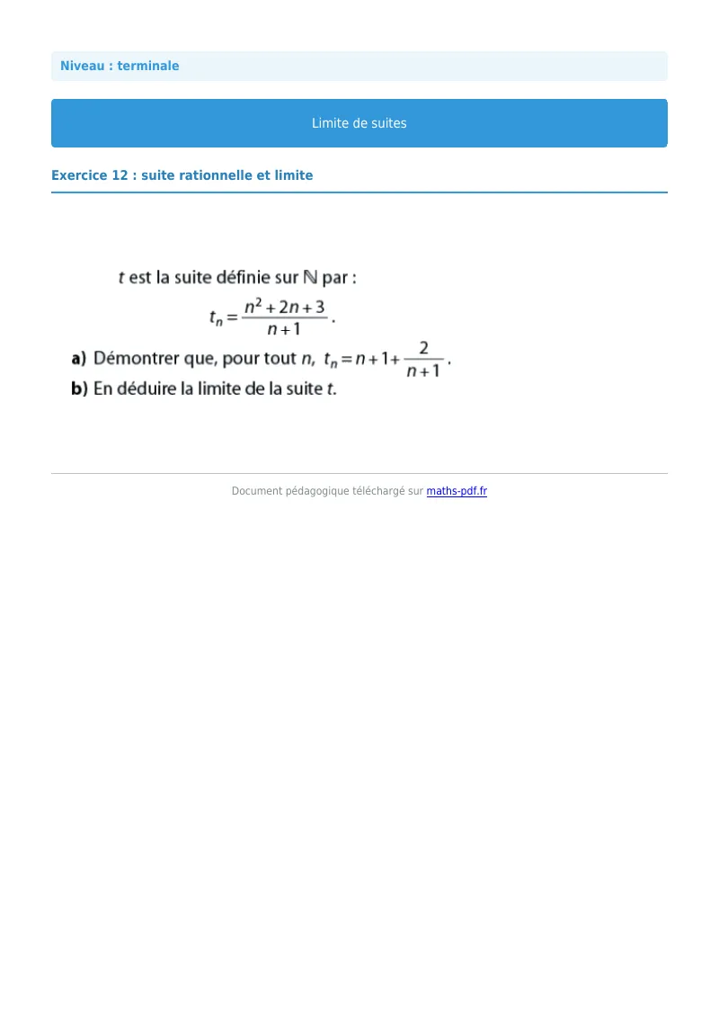 Limites de suites : exercice n°12 de maths en terminale corrigé en PDF