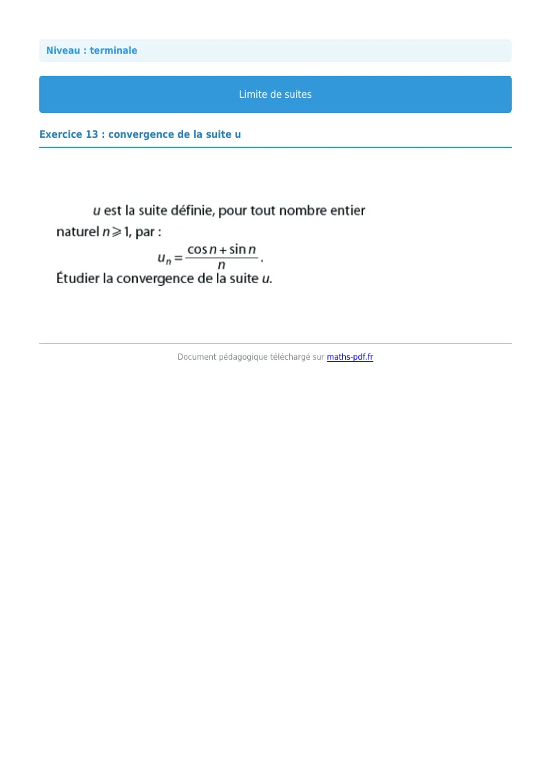 Limites de suites : exercice n°13 de maths en terminale corrigé en PDF
