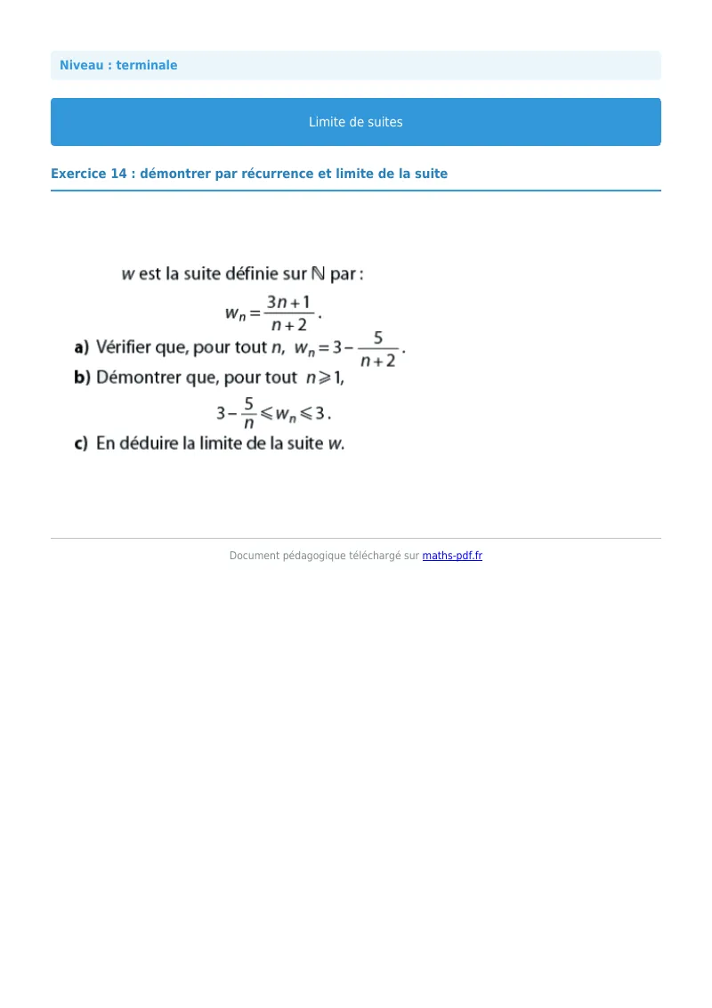 Limites de suites : exercice n°14 de maths en terminale corrigé en PDF