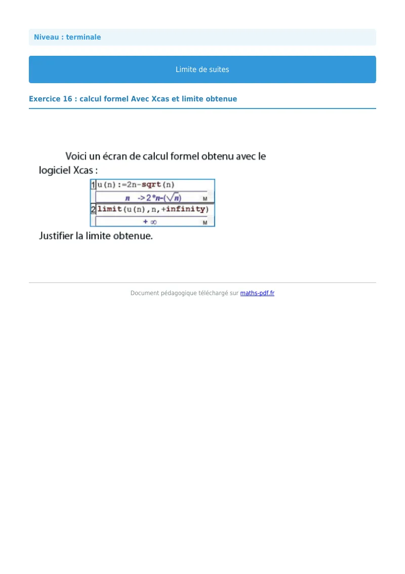 Limites de suites : exercice n°16 de maths en terminale corrigé en PDF
