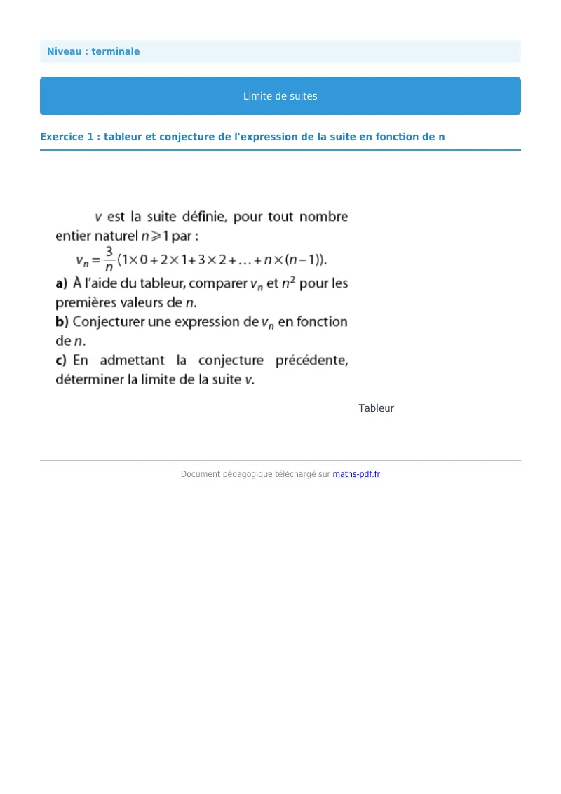 Limites de suites : exercice n°1 de maths en terminale corrigé en PDF