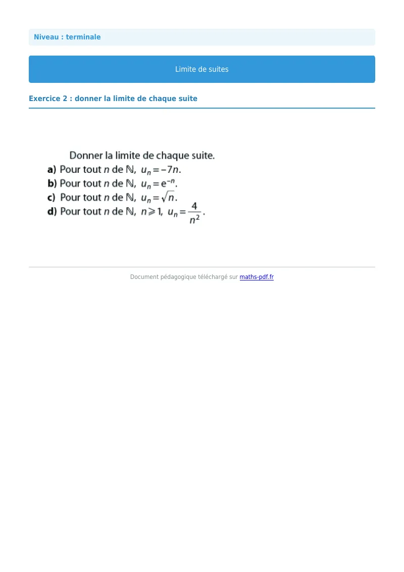 Limites de suites : exercice n°2 de maths en terminale corrigé en PDF