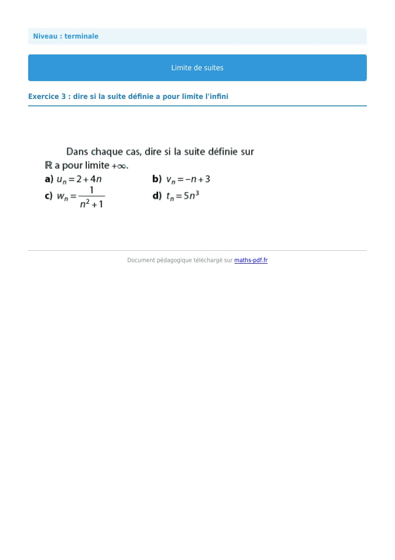 Limites de suites : exercice n°3 de maths en terminale corrigé en PDF