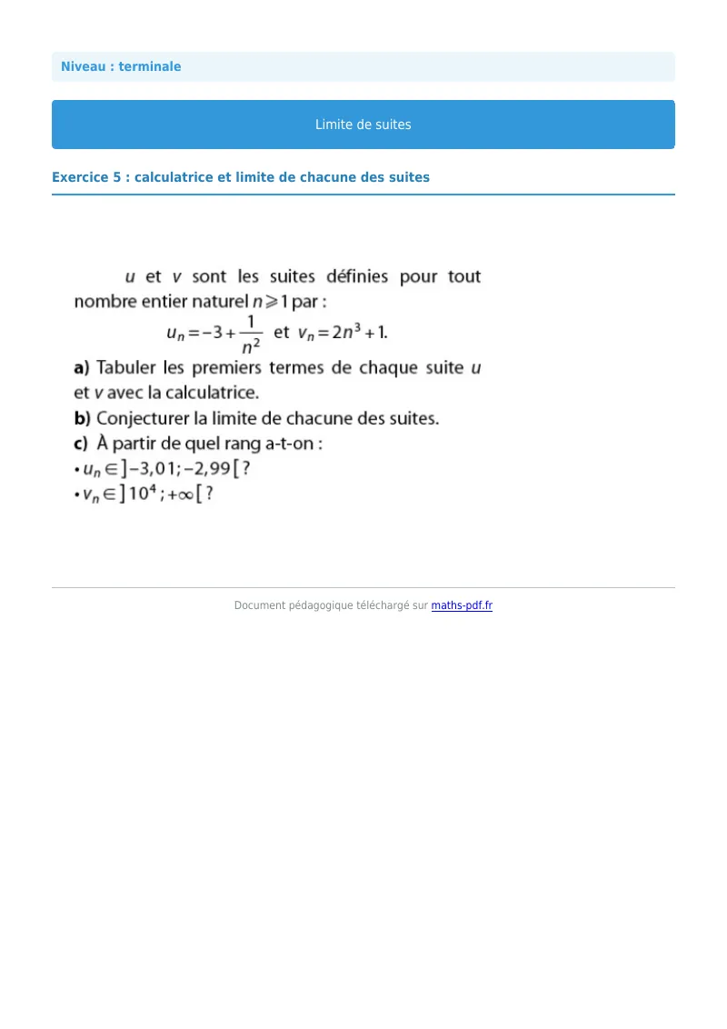 Limites de suites : exercice n°5 de maths en terminale corrigé en PDF
