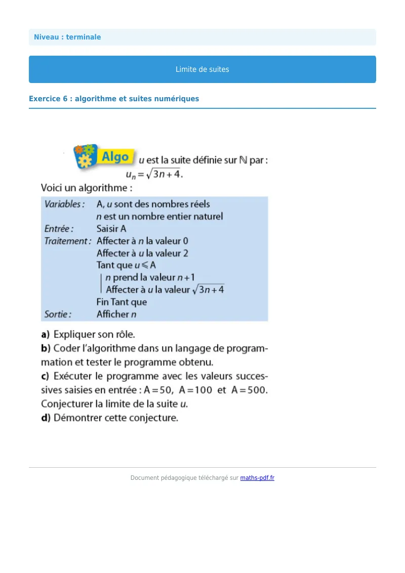 Limites de suites : exercice n°6 de maths en terminale corrigé en PDF