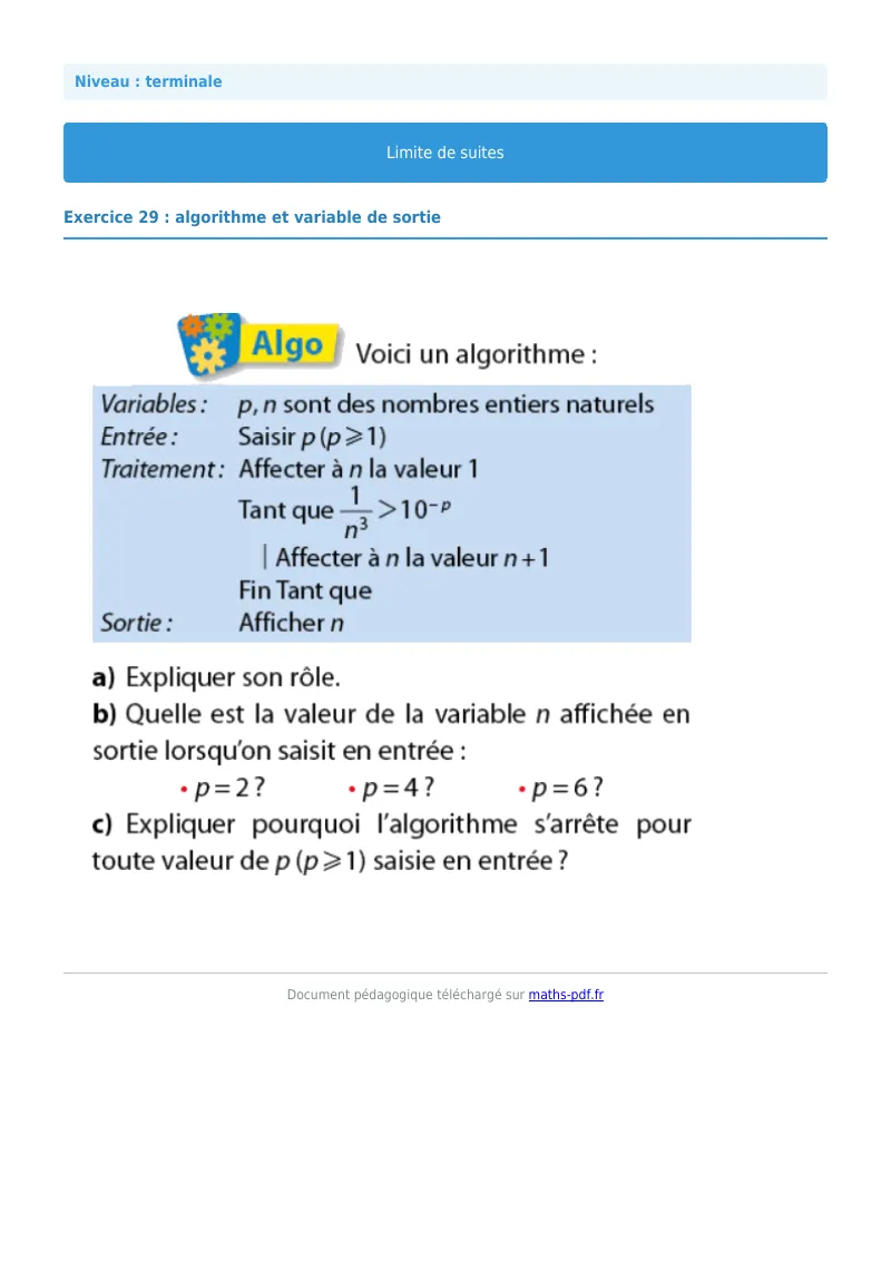 Limites de suites : exercice n°29 de maths en terminale corrigé en PDF