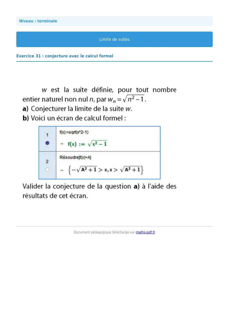 Limites de suites : exercice n°31 de maths en terminale corrigé en PDF