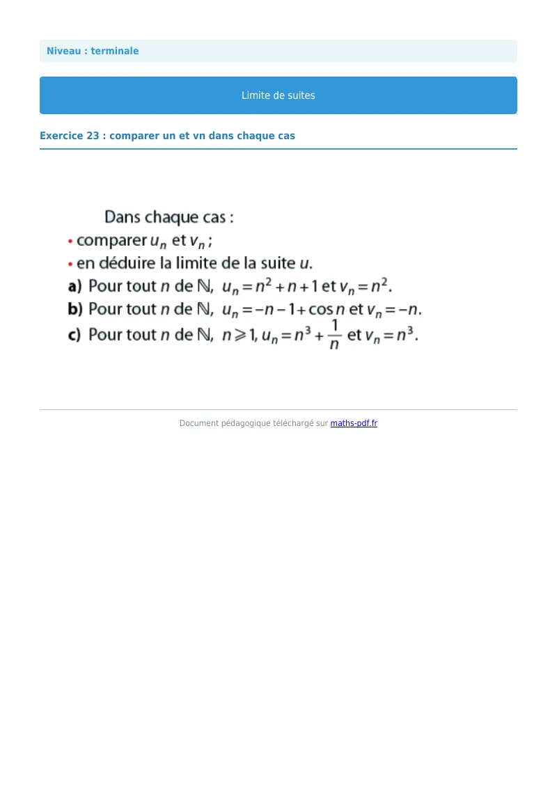 Limites de suites : exercice n°23 de maths en terminale corrigé en PDF