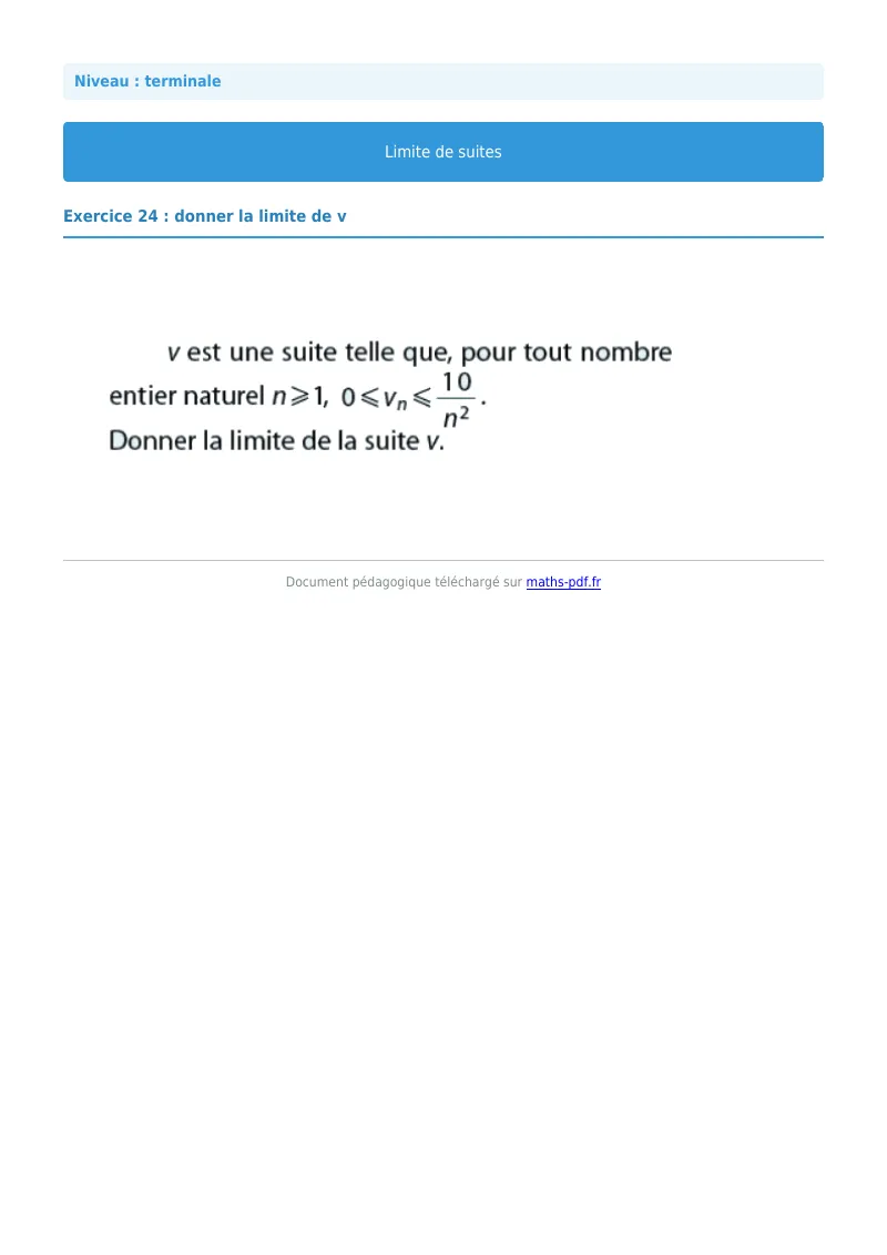 Limites de suites : exercice n°24 de maths en terminale corrigé en PDF