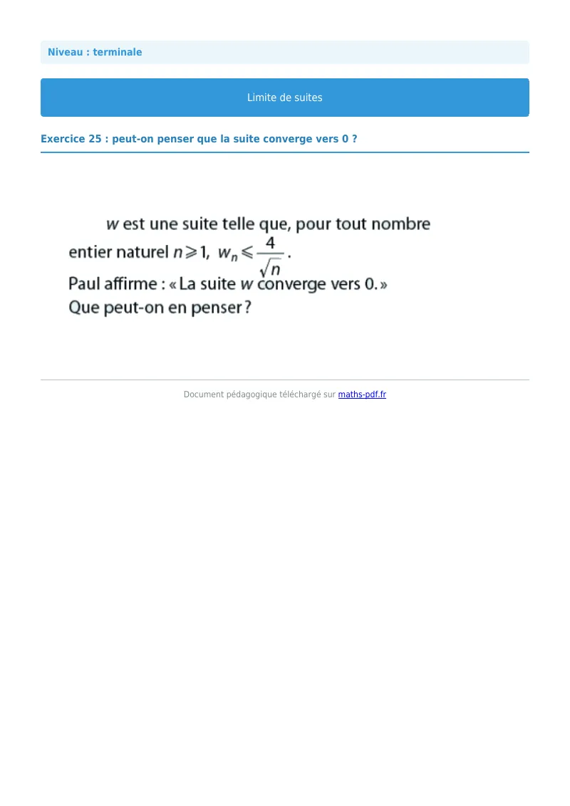 Limites de suites : exercice n°25 de maths en terminale corrigé en PDF