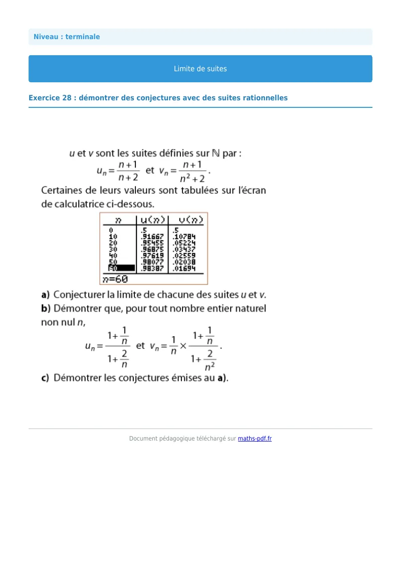 Limites de suites : exercice n°28 de maths en terminale corrigé en PDF