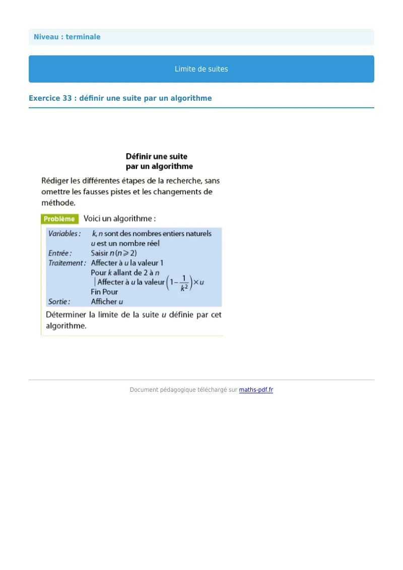 Limites de suites : exercice n°33 de maths en terminale corrigé en PDF