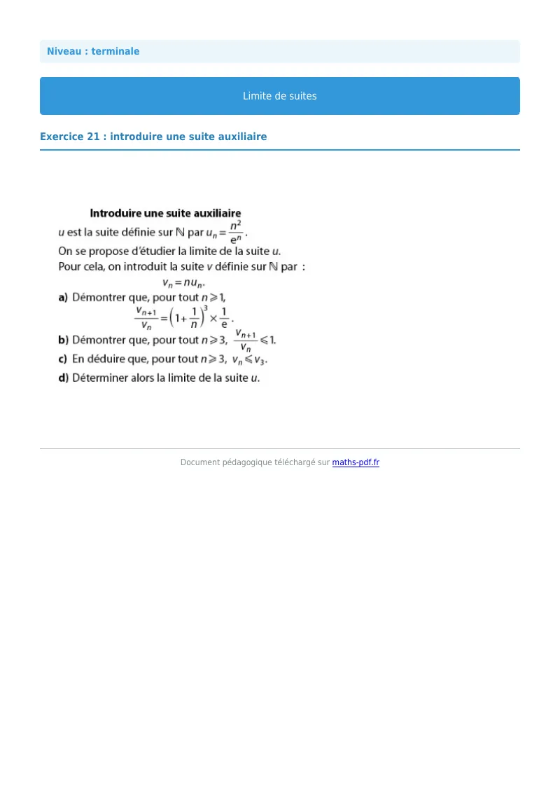 Limites de suites : exercice n°21 de maths en terminale corrigé en PDF
