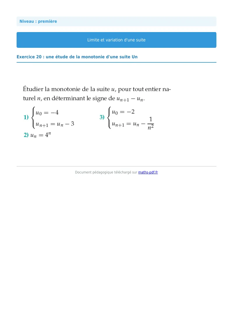 Limites et variations de suites : exercice n°20 de maths en première corrigé en PDF