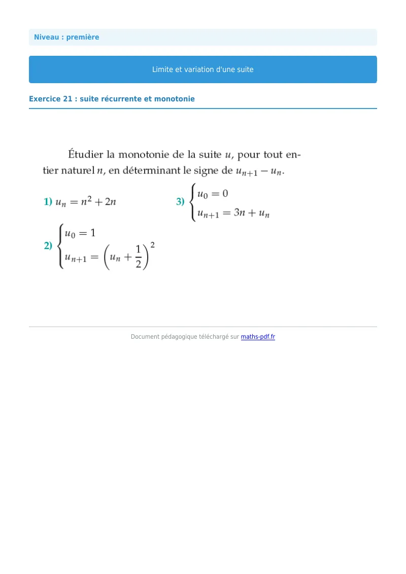Limites et variations de suites : exercice n°21 de maths en première corrigé en PDF