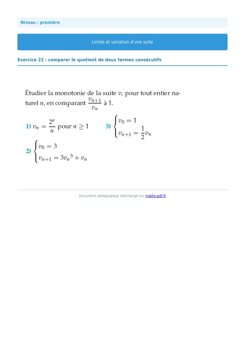 Limites et variations de suites : exercice n°22 de maths en première corrigé en PDF