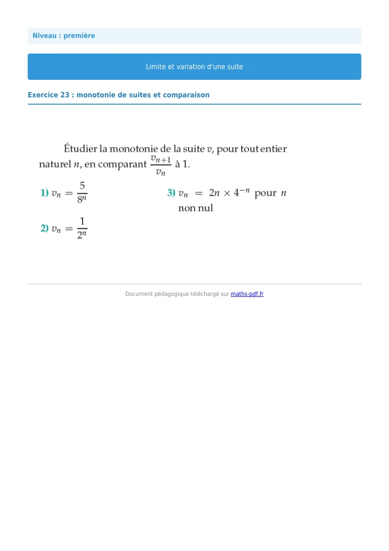 Limites et variations de suites : exercice n°23 de maths en première corrigé en PDF