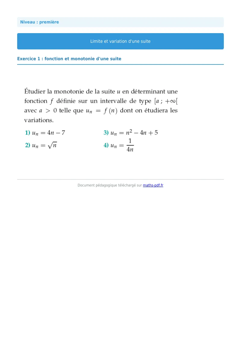 Limites et variations de suites : exercice n°1 de maths en première corrigé en PDF