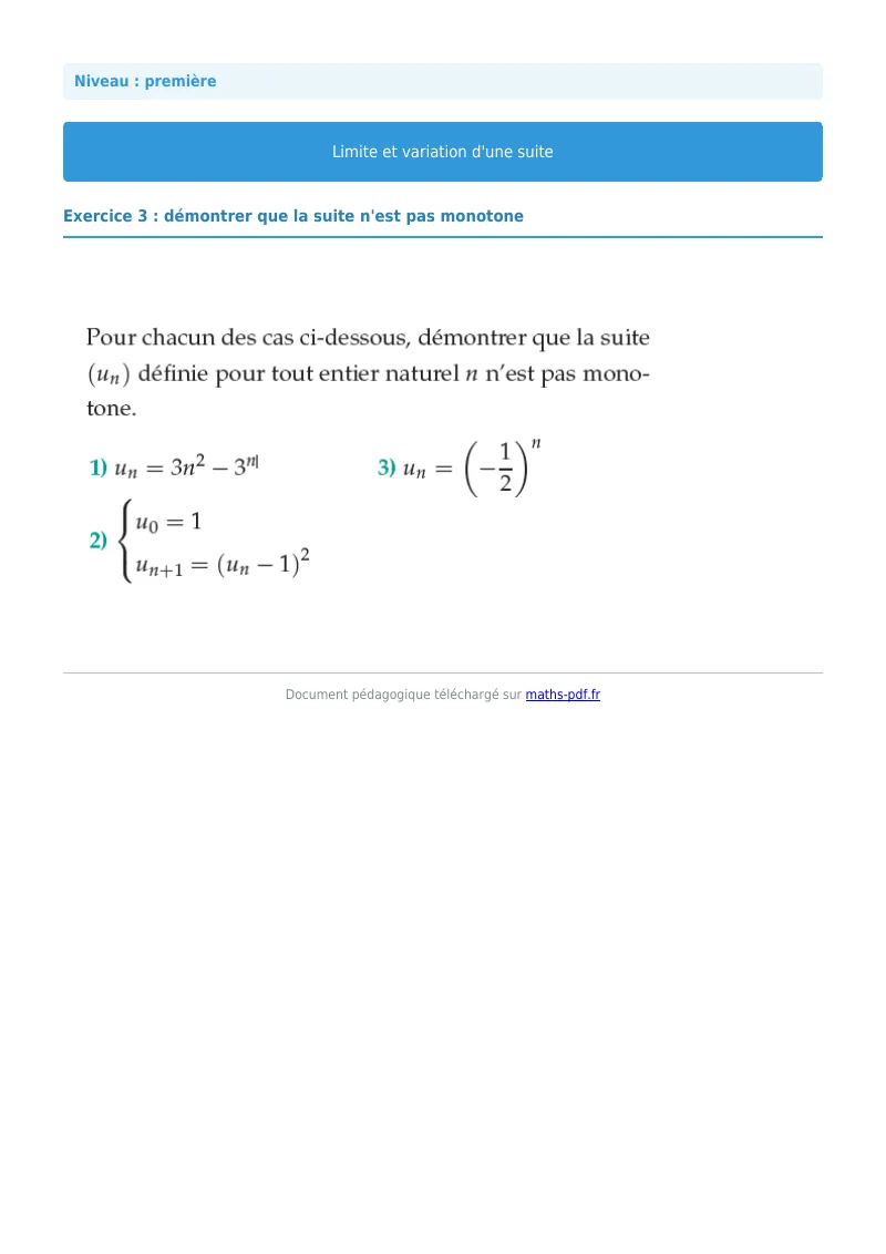 Limites et variations de suites : exercice n°3 de maths en première corrigé en PDF