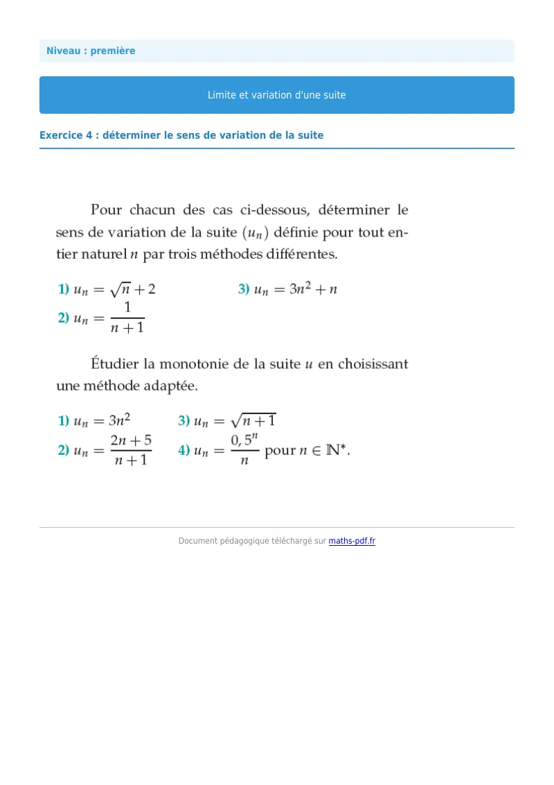 Limites et variations de suites : exercice n°4 de maths en première corrigé en PDF