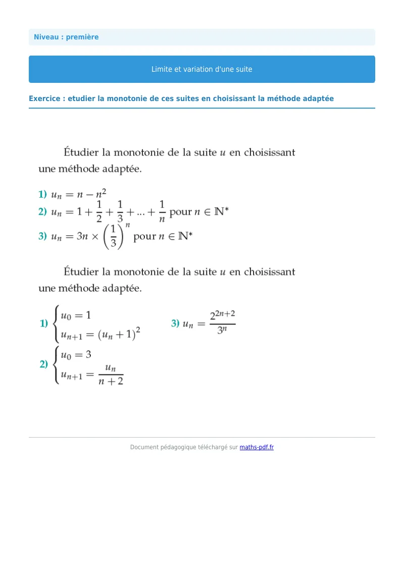 Limites et variations de suites : exercice n°5 de maths en première corrigé en PDF