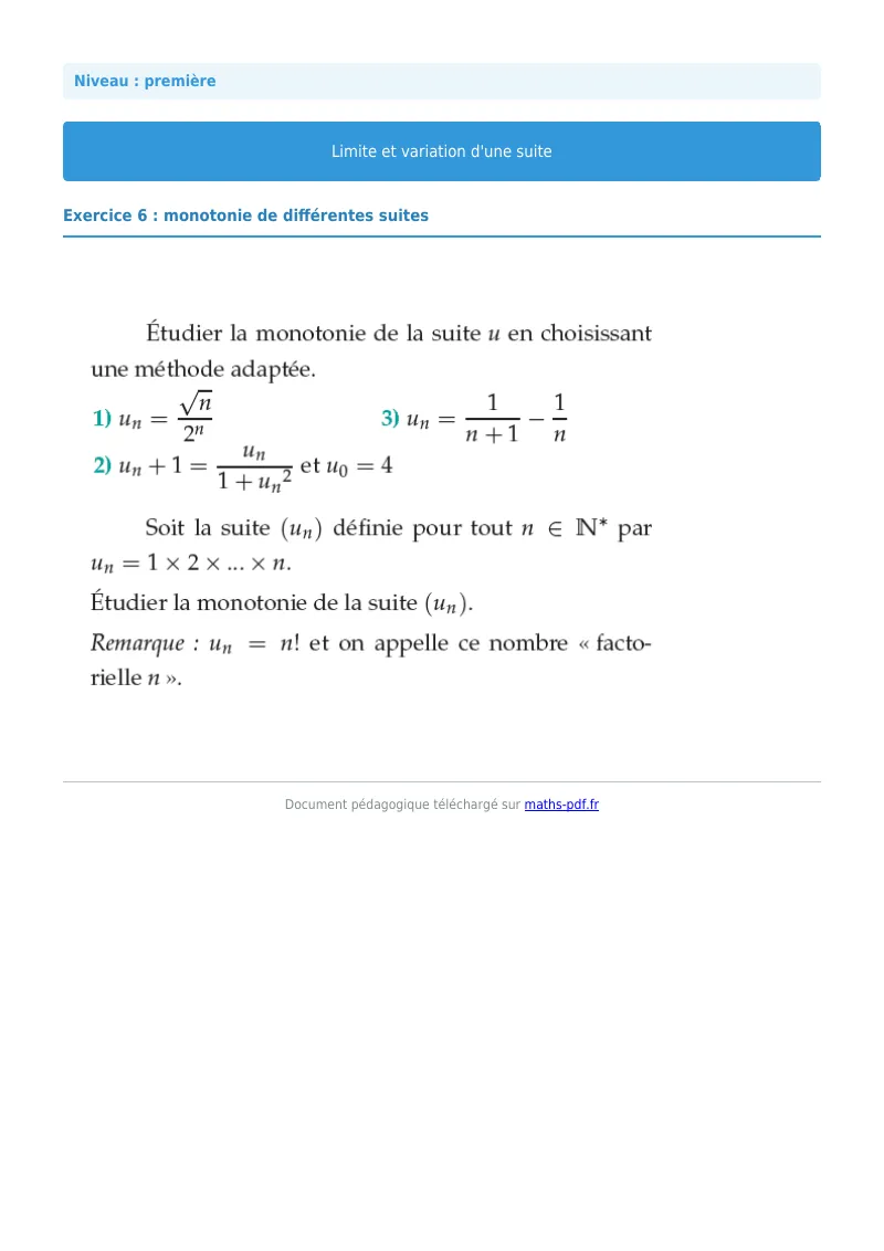 Limites et variations de suites : exercice n°6 de maths en première corrigé en PDF